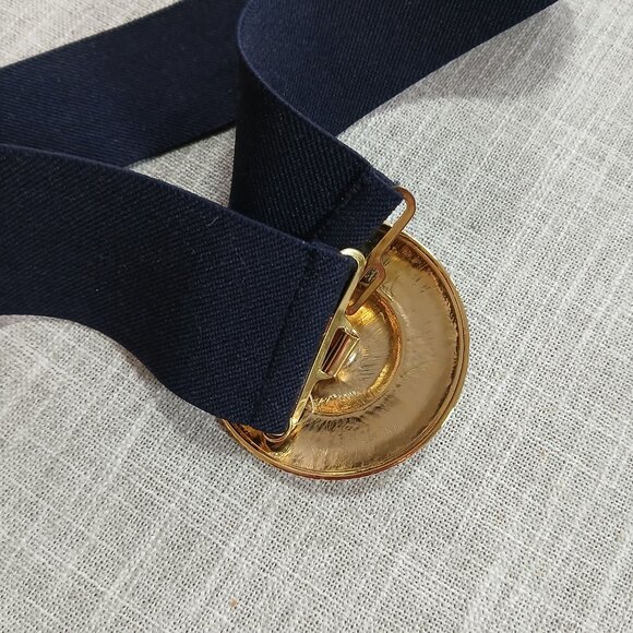 Vintage Bill Blass Round Medallion Elastic Stretch Belt 1990's Navy Blue Gold - Picture 2 of 6